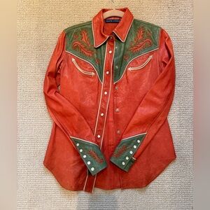 Vintage Ralph Lauren Red Leather Western Shirt with Green Yoke